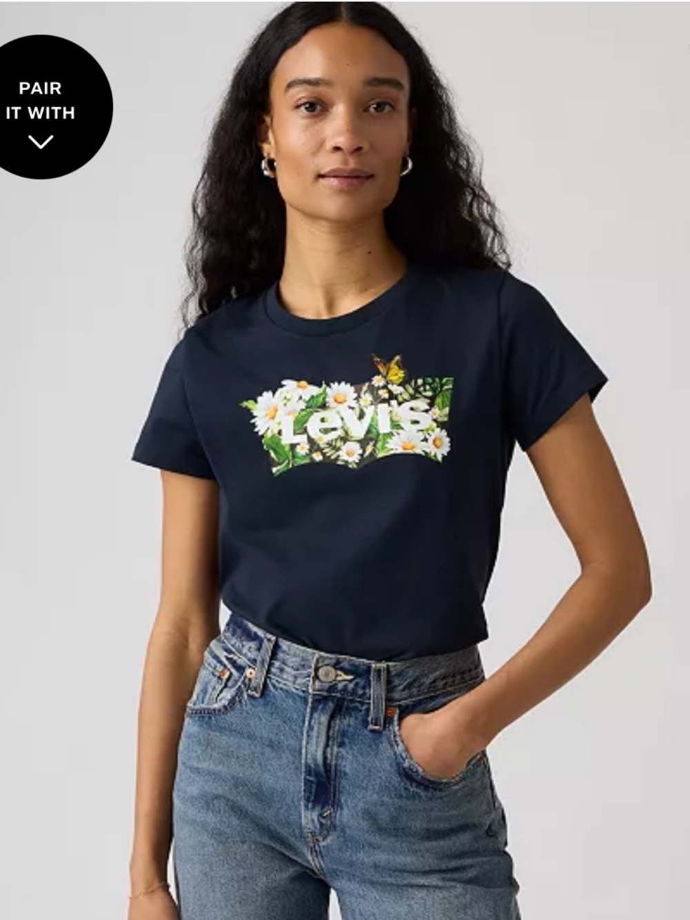 Levis Womens Perfect T-Shirt Daisy Floral Graphic Logo Tee Navy Blue L NWT